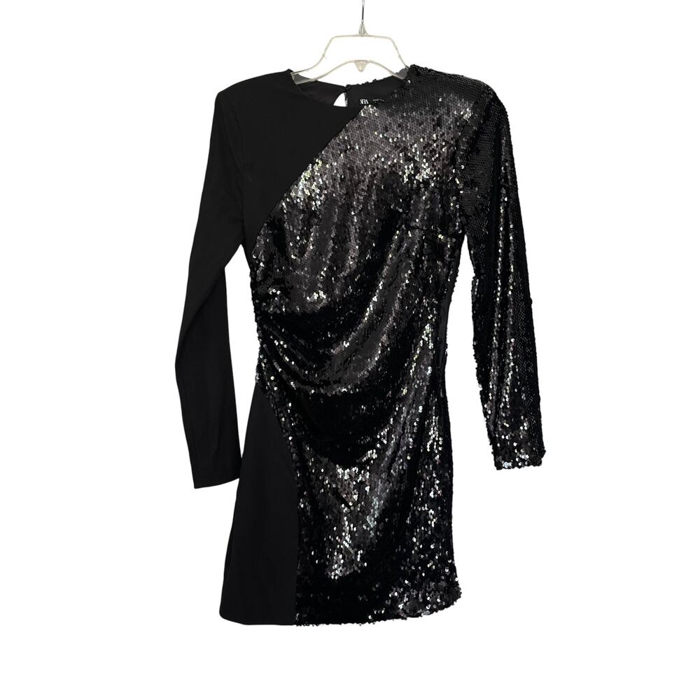 Zara Black Sequin Contrast Mini Dress Long Sleeve Side Ruched Cocktail XS
